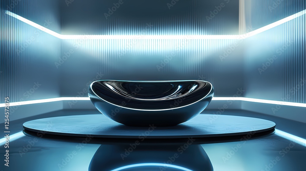 Poster futuristic chrome bowl on round platform with neon light in a modern geometric space