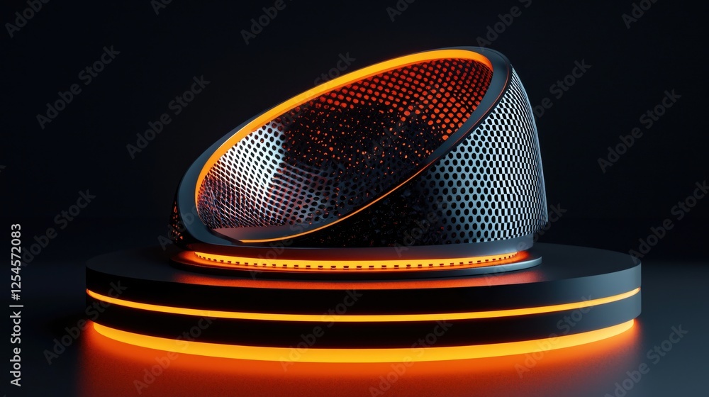 Poster futuristic glowing pod on platform with intricate metal mesh design and orange illumination