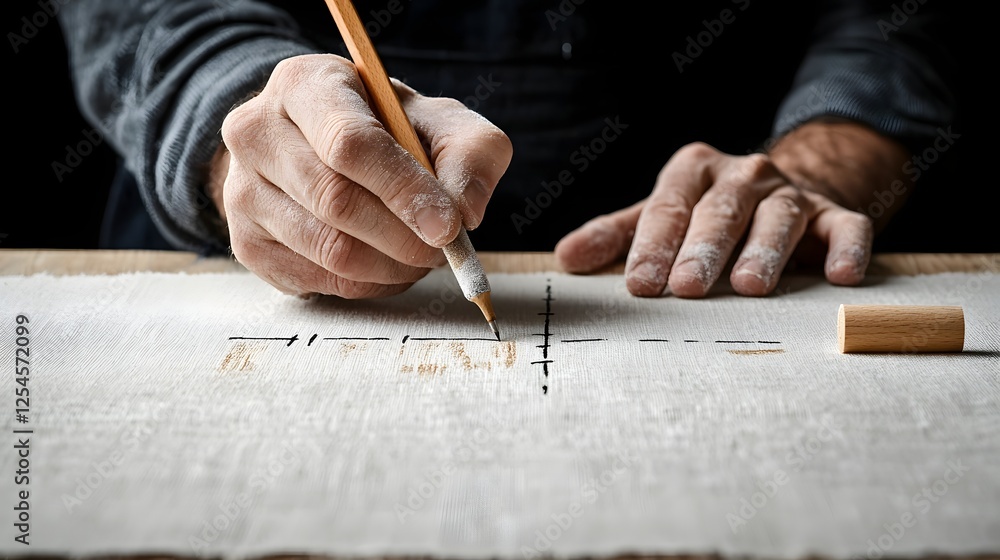 Aufkleber closeup of a skilled tailor s hands meticulously marking and measuring fabric using tailor s chalk o