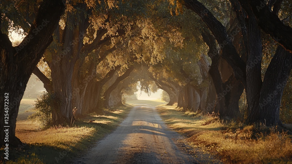 Poster Serene Path Through Majestic Trees Sunlight Filtering Through Canopy Creating a Golden Glow