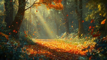 Enchanting autumn forest path bathed in sunlight with falling leaves creating a vibrant scene