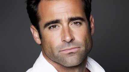Obraz premium Close-up portrait of a smiling man with a strong jawline and neatly styled hair against a dark background