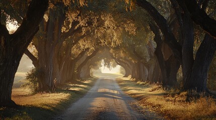 Serene Path Through Majestic Trees Sunlight Filtering Through Canopy Creating a Golden Glow