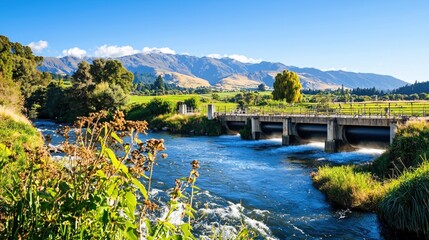 Fototapeta premium Serene river landscape with bridge and mountains under a clear blue sky in bright sunshine