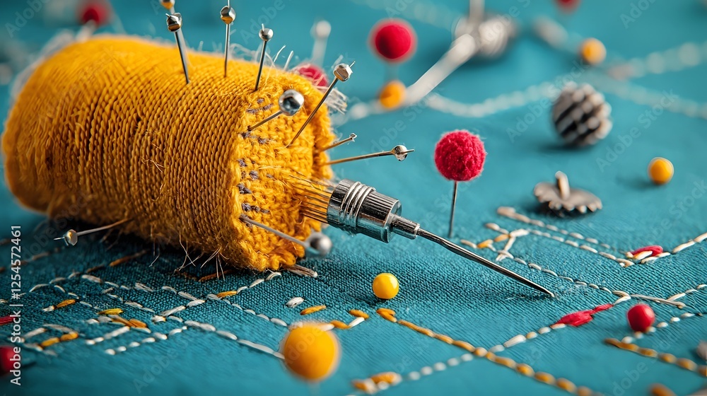 Aufkleber closeup of vibrant sewing pins and needles securing fabric for stitching and embroidery macro shot o
