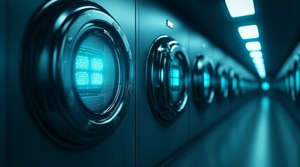 Sparkling clean laundry room, row of modern washing machines for efficient chores