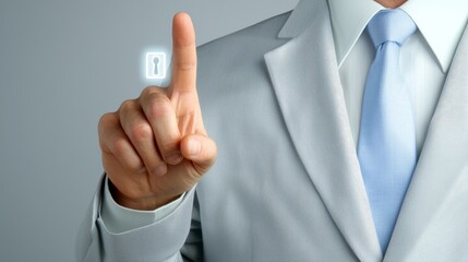 Businessman in suit presses button, symbol of innovation, technology and future of business solutions