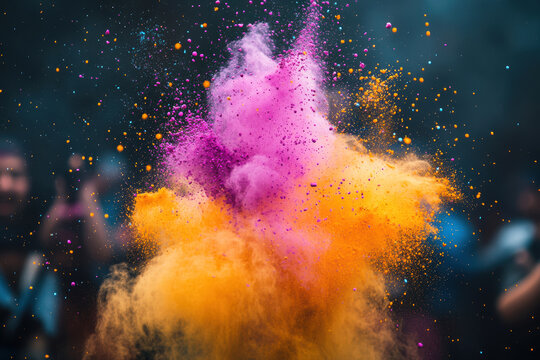 A colorful explosion of powders creates a vibrant cloud, evoking joy and celebration, typical of festive events like Holi.