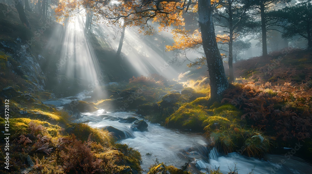 Poster serene forest stream with golden light filtering through trees creating a tranquil atmosphere