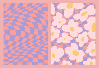 Checkerboard, chessboard, daisy flowers groovy retro 70s style vector backgrounds. Abstract and hippie aesthetic.