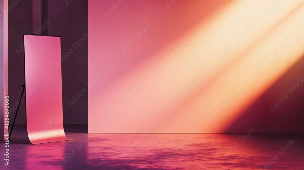 Poster abstract studio space with pink backdrop and soft light casting shadows for product display