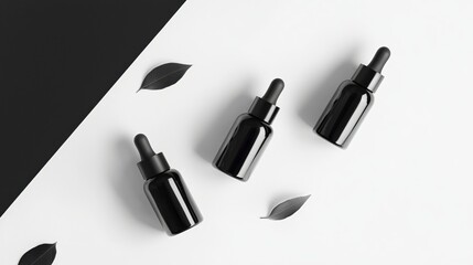 Obraz premium Three black dropper bottles with leaves on a split black and white background minimalist style