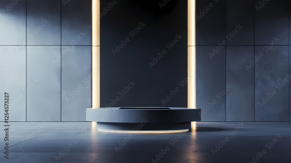 Poster modern interior with illuminated podium platform and vertical light panels in minimalist style