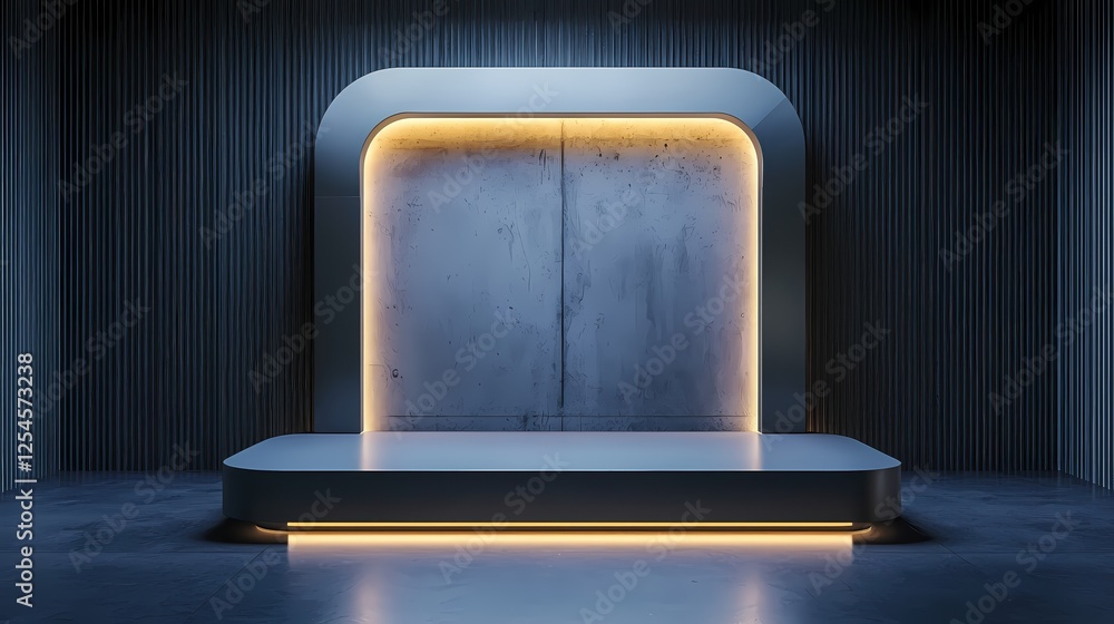 Poster minimalist display platform with concrete backdrop and warm light for product showcase