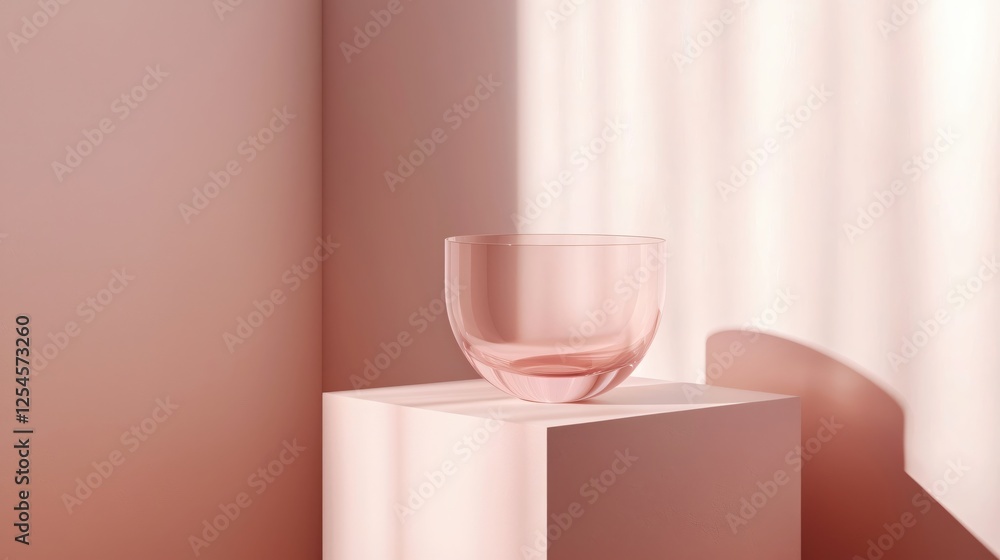 Fototapete elegant pink glass on a cube with soft light and shadows creating a minimalist scene