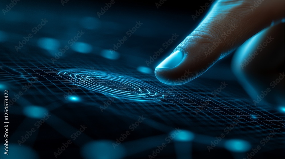 Poster biometric fingerprint scan, finger touching futuristic scanner for secure access and digital securit
