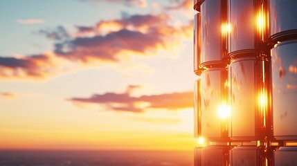 Towering metallic structure reflects a vibrant sunset with orange and blue sky background