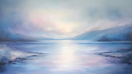 Obraz premium Serene Vista of Distant Mountains Reflected in Calm Waters Under a Pastel Hued Sky