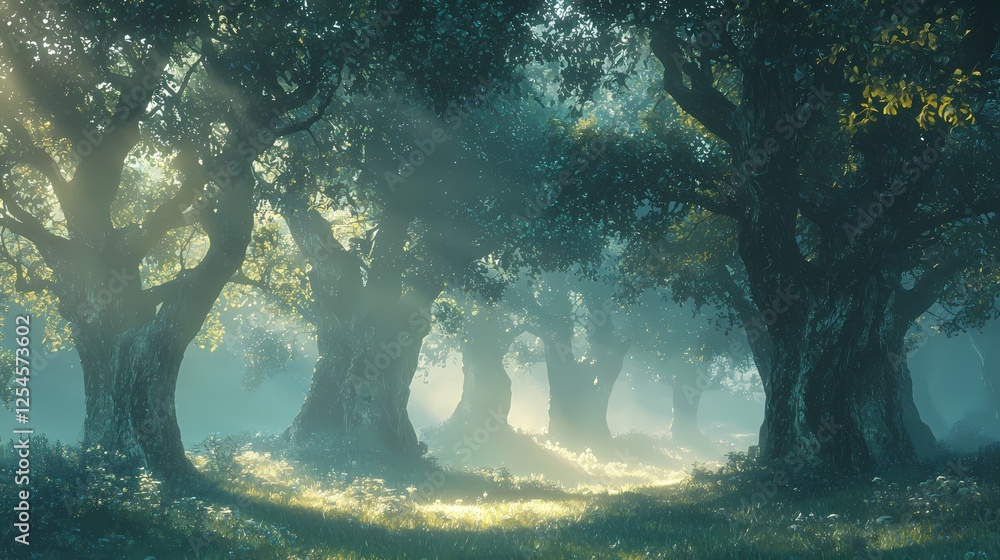 Aufkleber Enchanted forest with sun rays filtering through the trees creating a mystical atmosphere