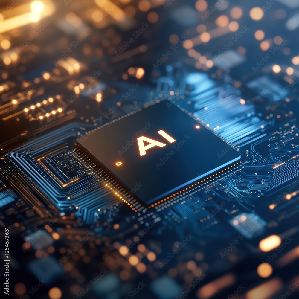 Poster modern computer chip with ai inscription. ai generative.