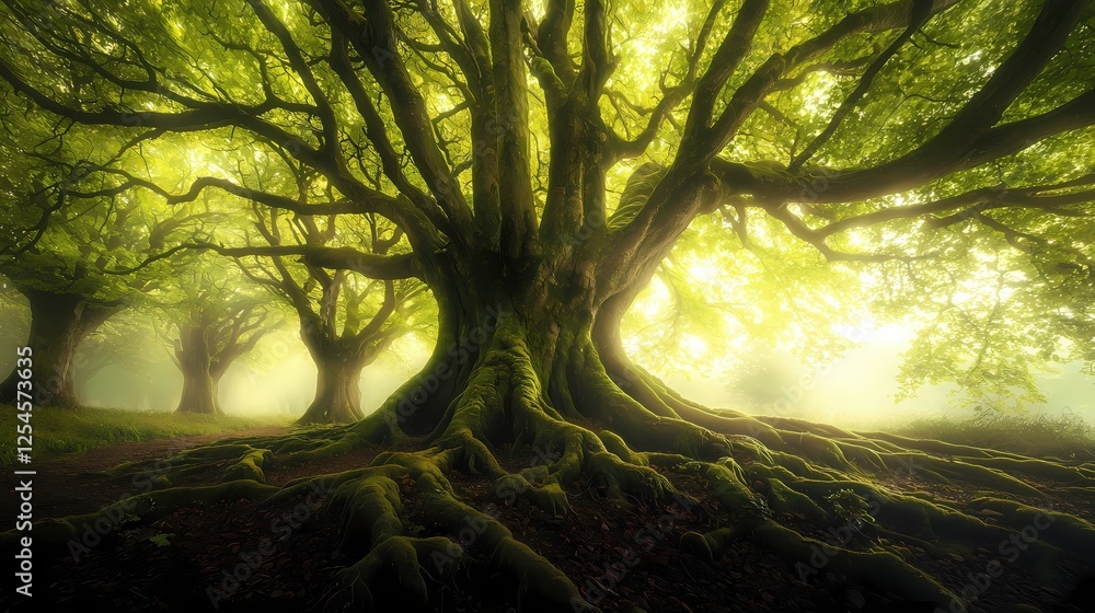 Poster enchanted forest canopy sunlight filtering through ancient trees creating a mystical atmosphere