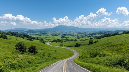 Winding road through green hills, mountain view, sunny day, travel