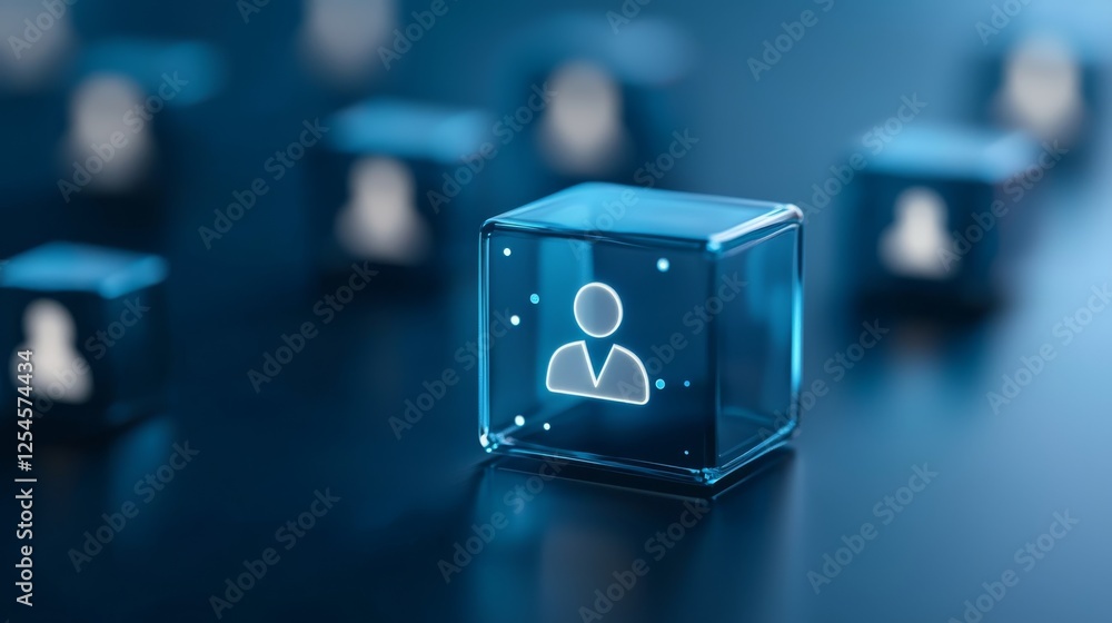 Poster glass cube with person icon, representing individuality, connection and modern design in digital com