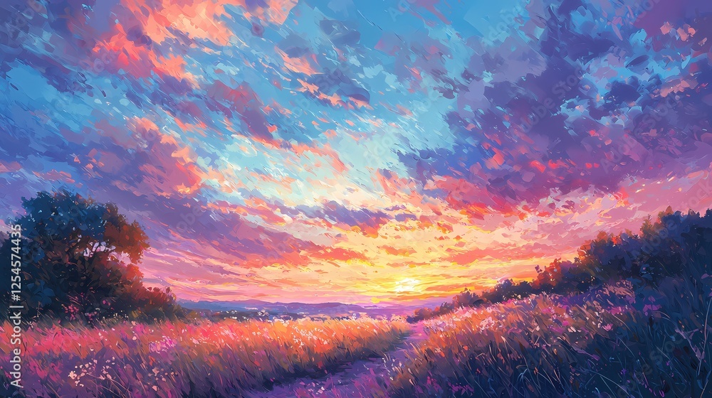 Poster impressionistic sunset over field with trees and colorful sky in warm tones and brushstrokes