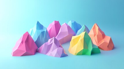 Colorful low-poly mountains on blue background; abstract art
