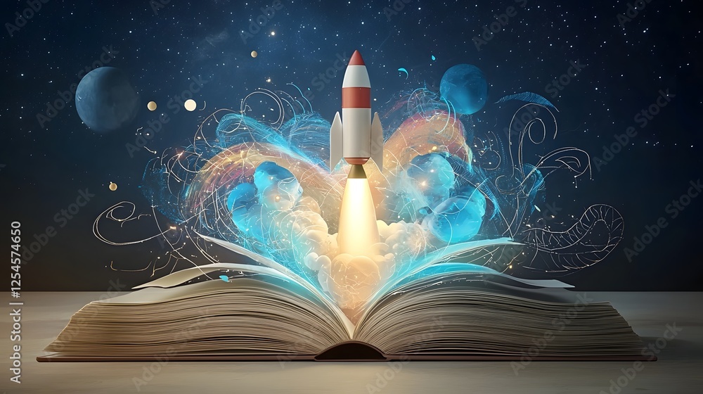 Poster a futuristic rocket blasting off from the center of an open book with luminous energy waves radiatin