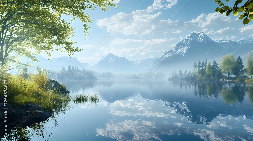 Aufkleber serene mountain lake landscape reflecting sky and clouds with trees and sunlight shining through