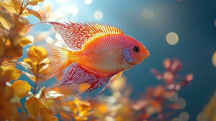 Vibrant orange fish swimming gracefully amidst colorful underwater foliage with soft lighting