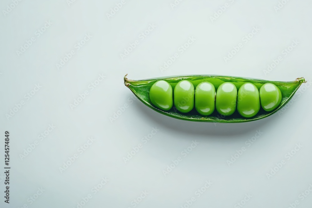 Poster fresh green pea pods lying on a smooth white surface in a horizontal composition