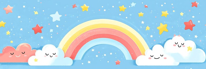Happy cloud and rainbow pattern on a light blue background, filled with tiny stars and cute cartoon elements