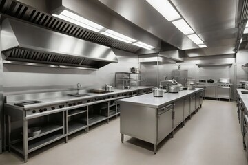 Commercial kitchen interior, oven, exhaust, sinks, stainless steel, Ai created