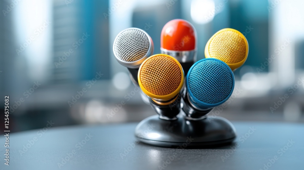 Poster top down view of a press event or broadcast setup featuring a stand with multiple microphones repres