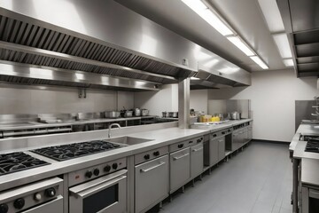 Commercial kitchen interior, oven, exhaust, sinks, stainless steel, Ai created