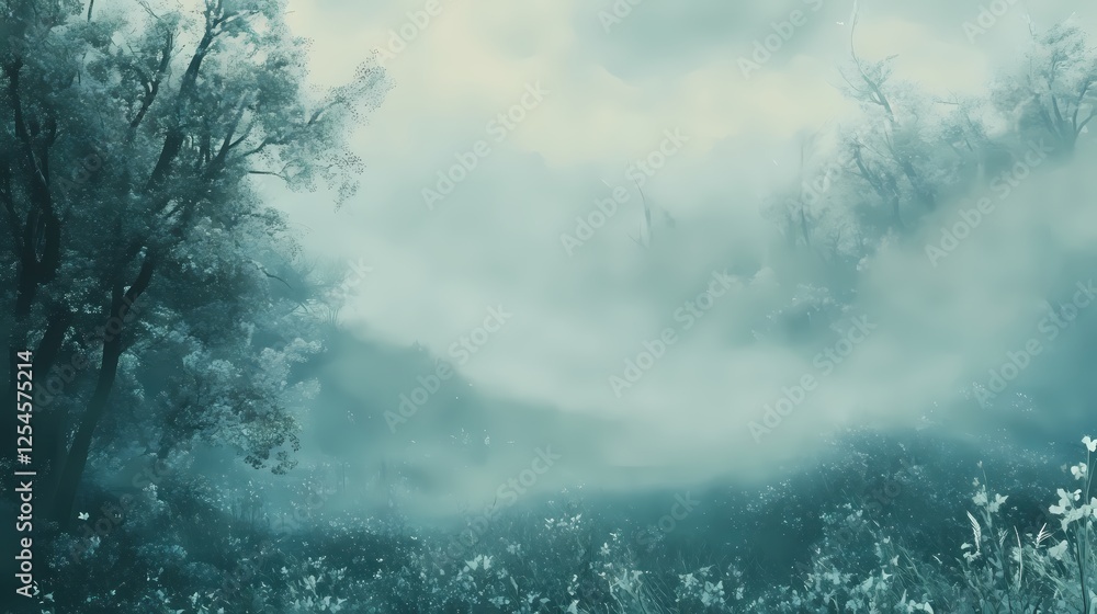 Poster ethereal landscape of misty meadow with trees and flowers in soft light and cool tones