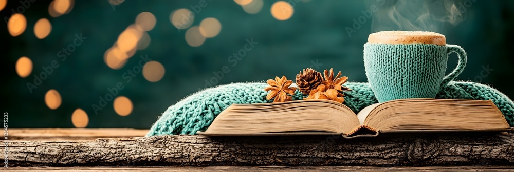 Poster cozy autumn afternoon with warm knitted blanket steaming cup of coffee and open book on rustic woode