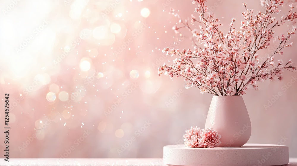 Poster delicate pink blossoms in vase on platform with bokeh background creating soft romantic mood