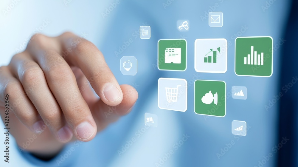 Poster illuminated button activation, fingertip interaction with futuristic interface technology