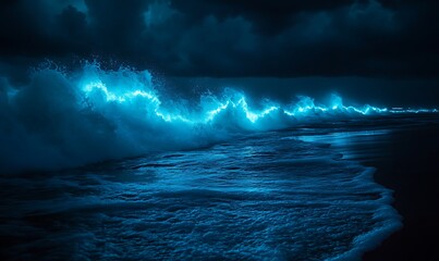 A stormy ocean with bioluminescent waves crashing against a dark shore, glowing in an ethereal and immersive light