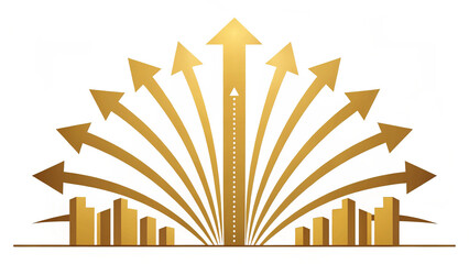 Golden arrows branching outward from central point symbolize growth and success. This dynamic design conveys upward movement