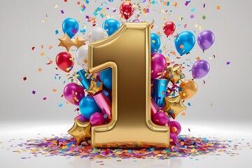 Golden Number One with Festive Balloons and Confetti for Celebration