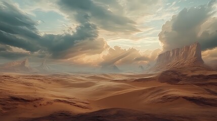 Dramatic desert landscape with towering mesas under a sky of swirling clouds and golden light