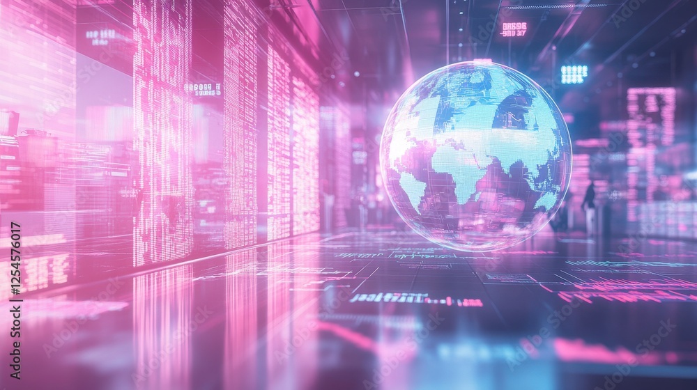 Poster a vibrant digital scene featuring a glowing globe amidst streaming data, symbolizing the intersectio