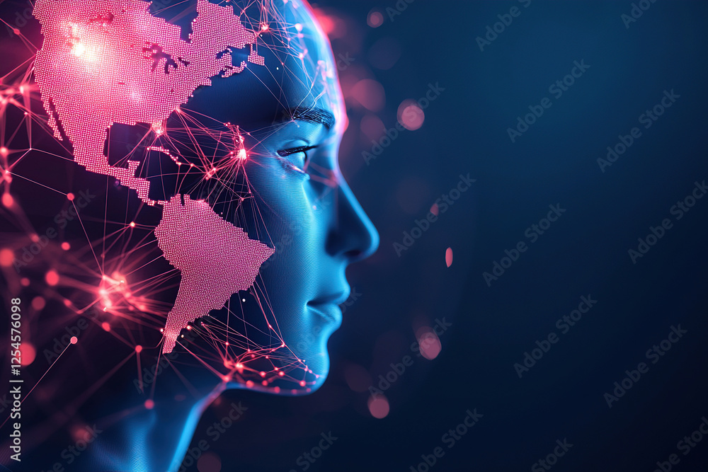 Poster digital representation of human face with world map overlay and network connections symbolizes globa