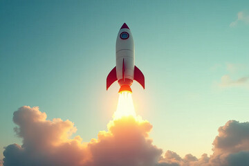 Rocket launching into sky, surrounded by clouds and sunlight, symbolizes adventure and exploration