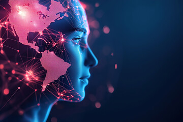 digital representation of human face with world map overlay and network connections symbolizes global connectivity and technology