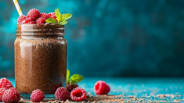 Decadent dairy free chocolate mousse topped with vibrant red raspberries creating a visually appealing and indulgent dessert or snack  This guilt free treat offers a rich